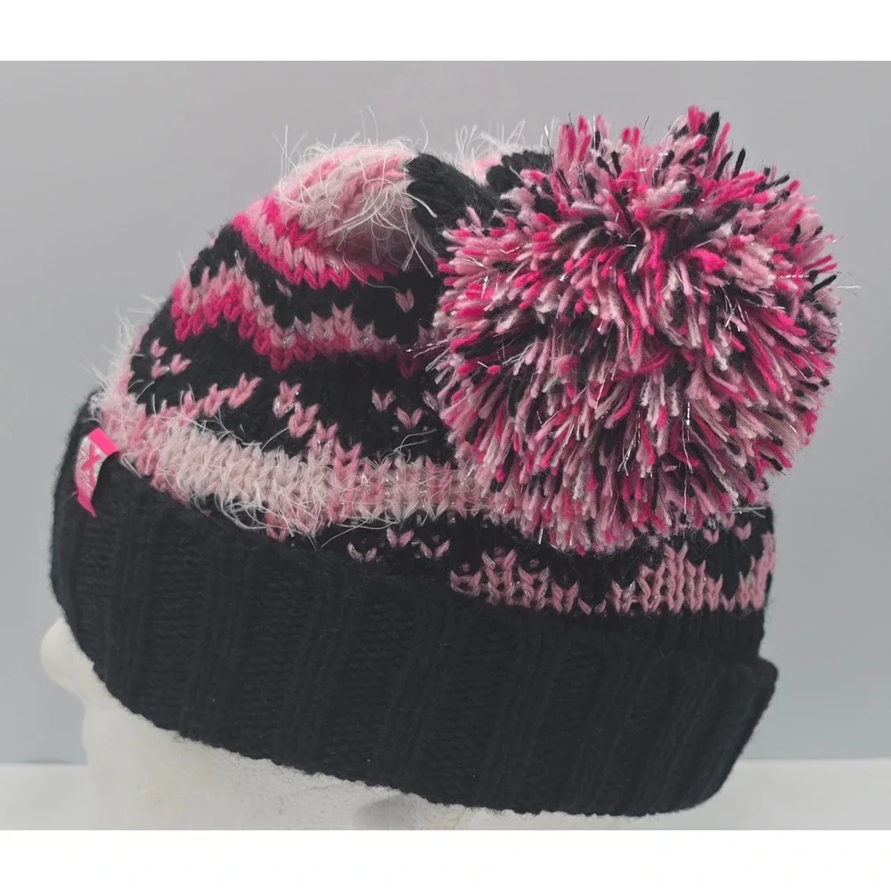 ZeroXposur Beanie‎ Women M/L Black Pink Fair Isle Pom Pom Knit Hat